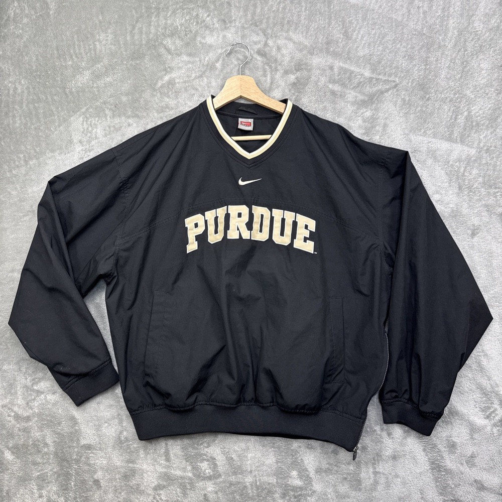 VTG Nike Purdue Boilermakers Pullover Windbreaker Mens Large Black V-Neck Jacket